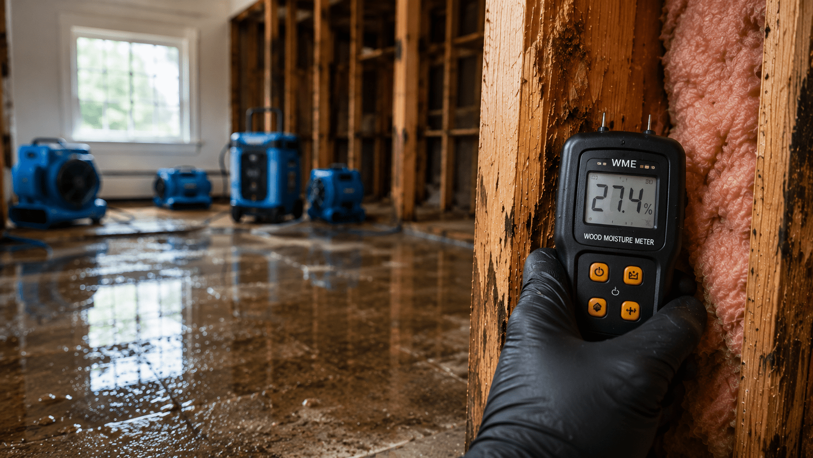 Hidden moisture inspection inside water-damaged wall during structural drying in Livonia Michigan